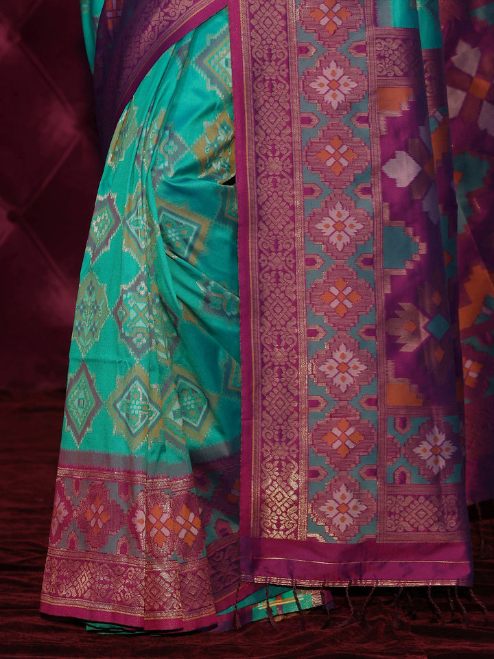 Libas Aqua Blue and Purple Silk Blend Patola Saree