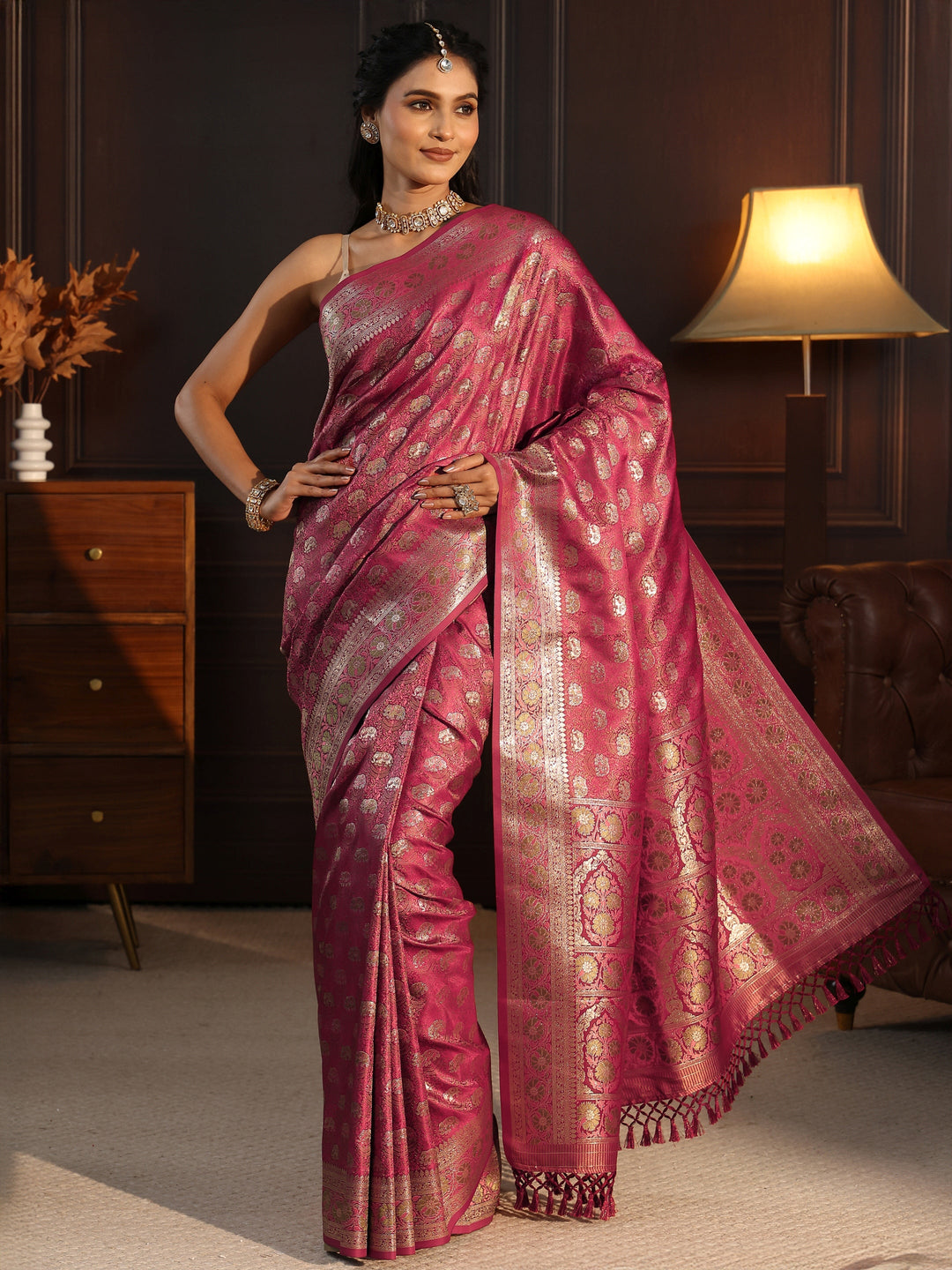 Libas Maroon Banarasi Silk Blend Tassel Saree