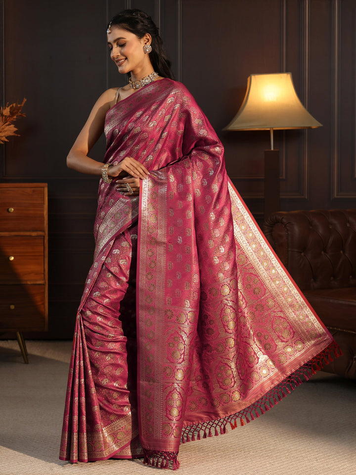 Libas Maroon Banarasi Silk Blend Tassel Saree