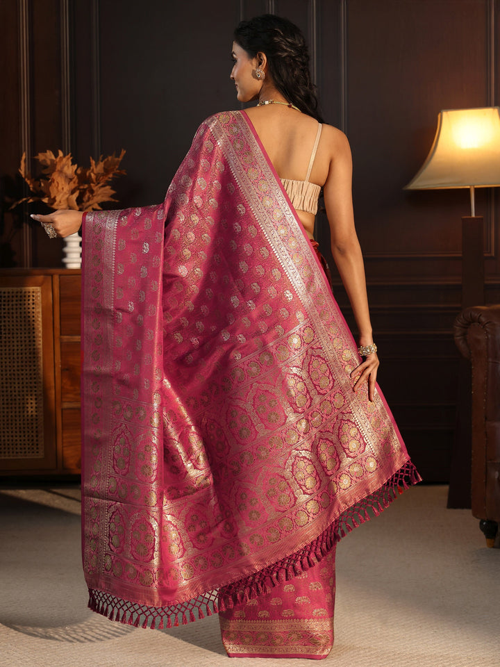 Libas Maroon Banarasi Silk Blend Tassel Saree