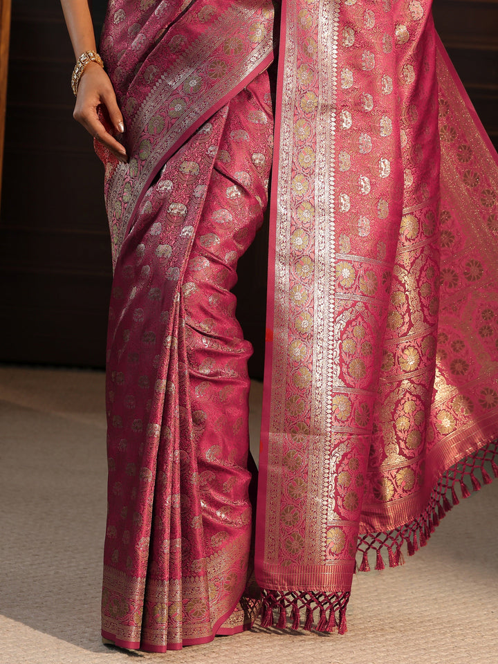 Libas Maroon Banarasi Silk Blend Tassel Saree