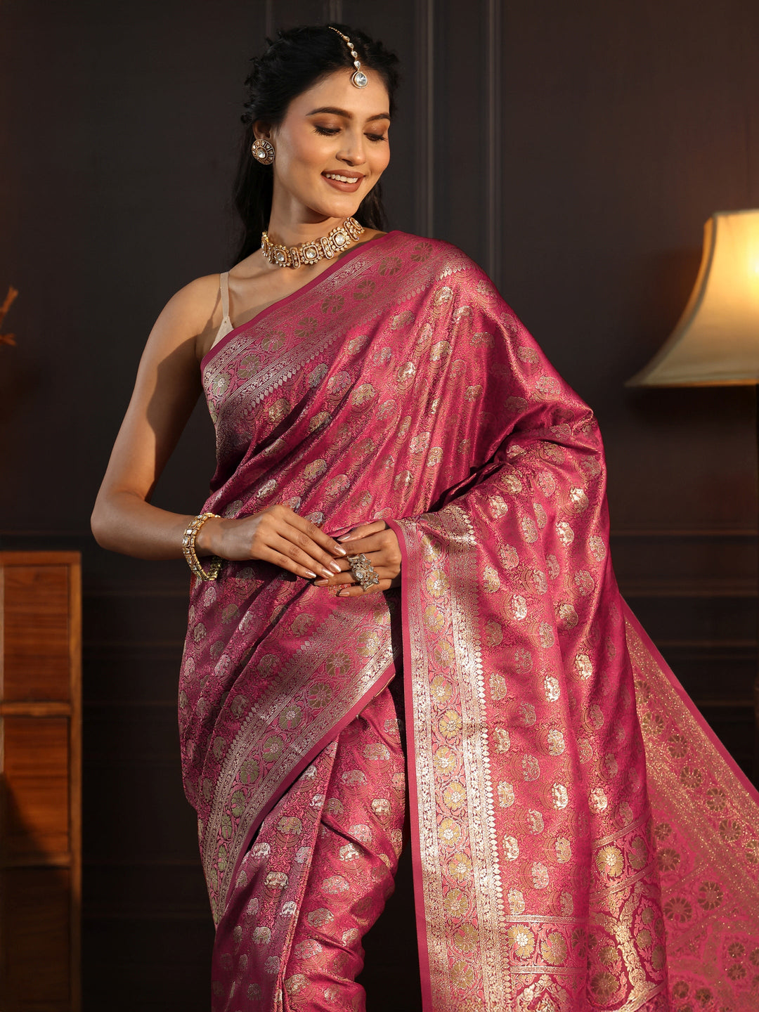 Libas Maroon Banarasi Silk Blend Tassel Saree