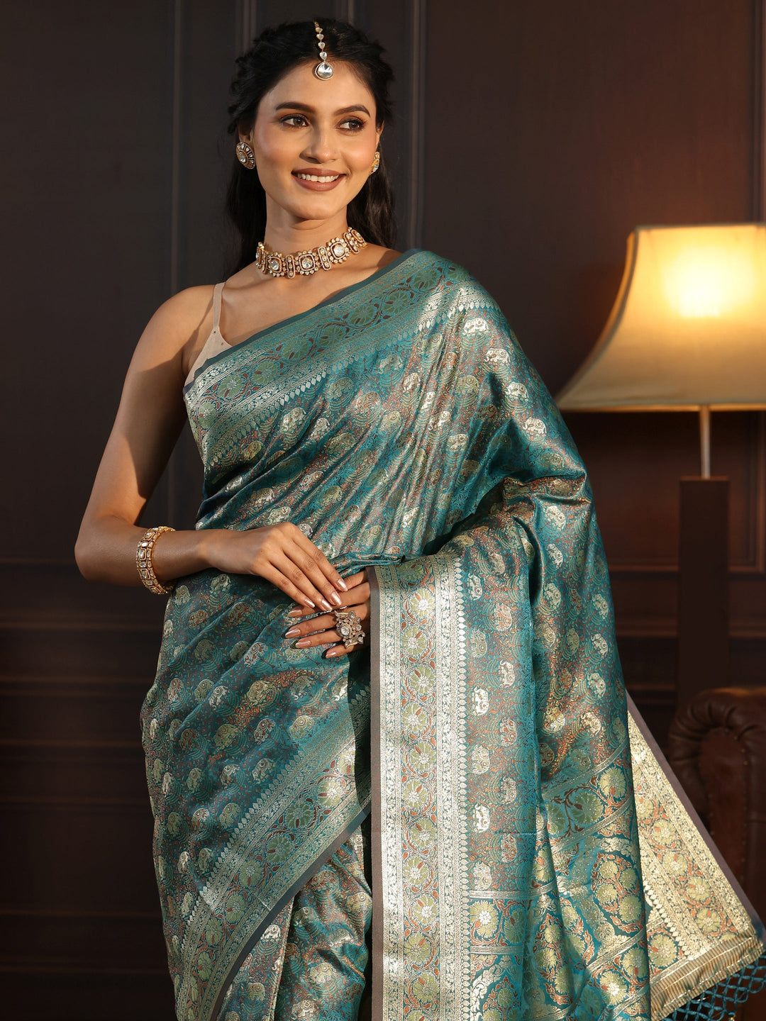 Libas Sea Green Banarasi Silk Blend Tassel Saree