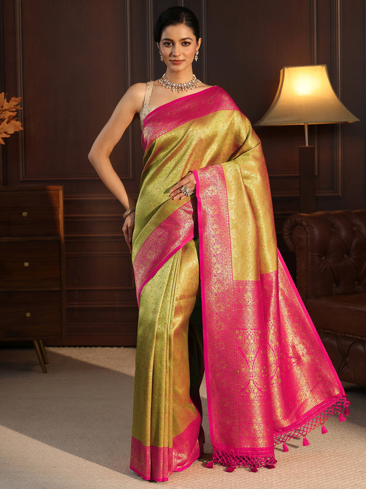 Libas Green and Pink Kanjeevaram Silk Blend Tassel Saree