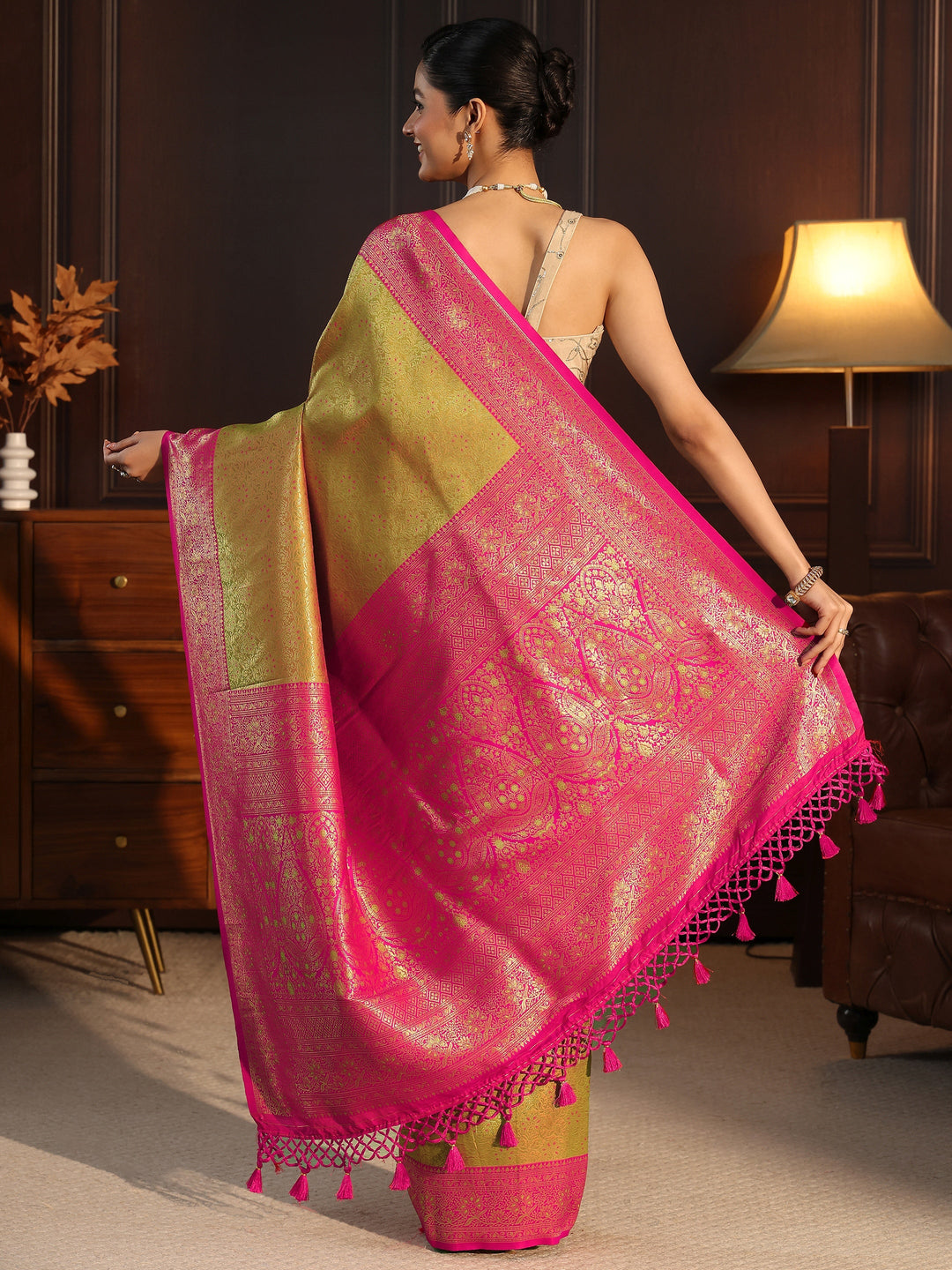 Libas Green and Pink Kanjeevaram Silk Blend Tassel Saree