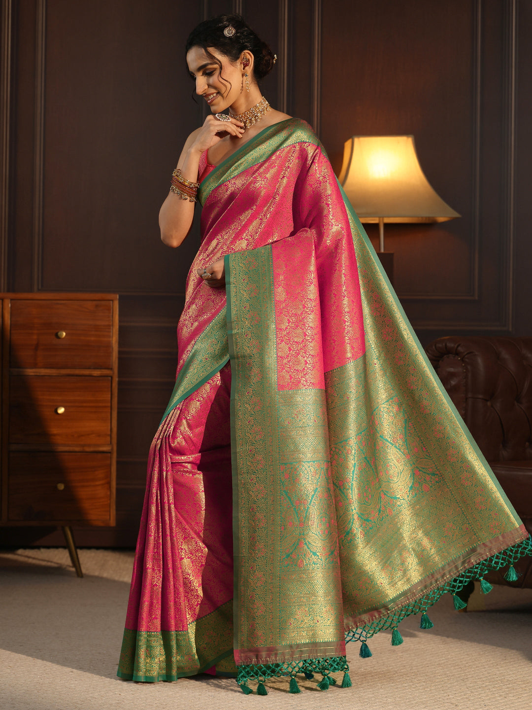 Libas Pink and Green Kanjeevaram Silk Blend Tassel Saree