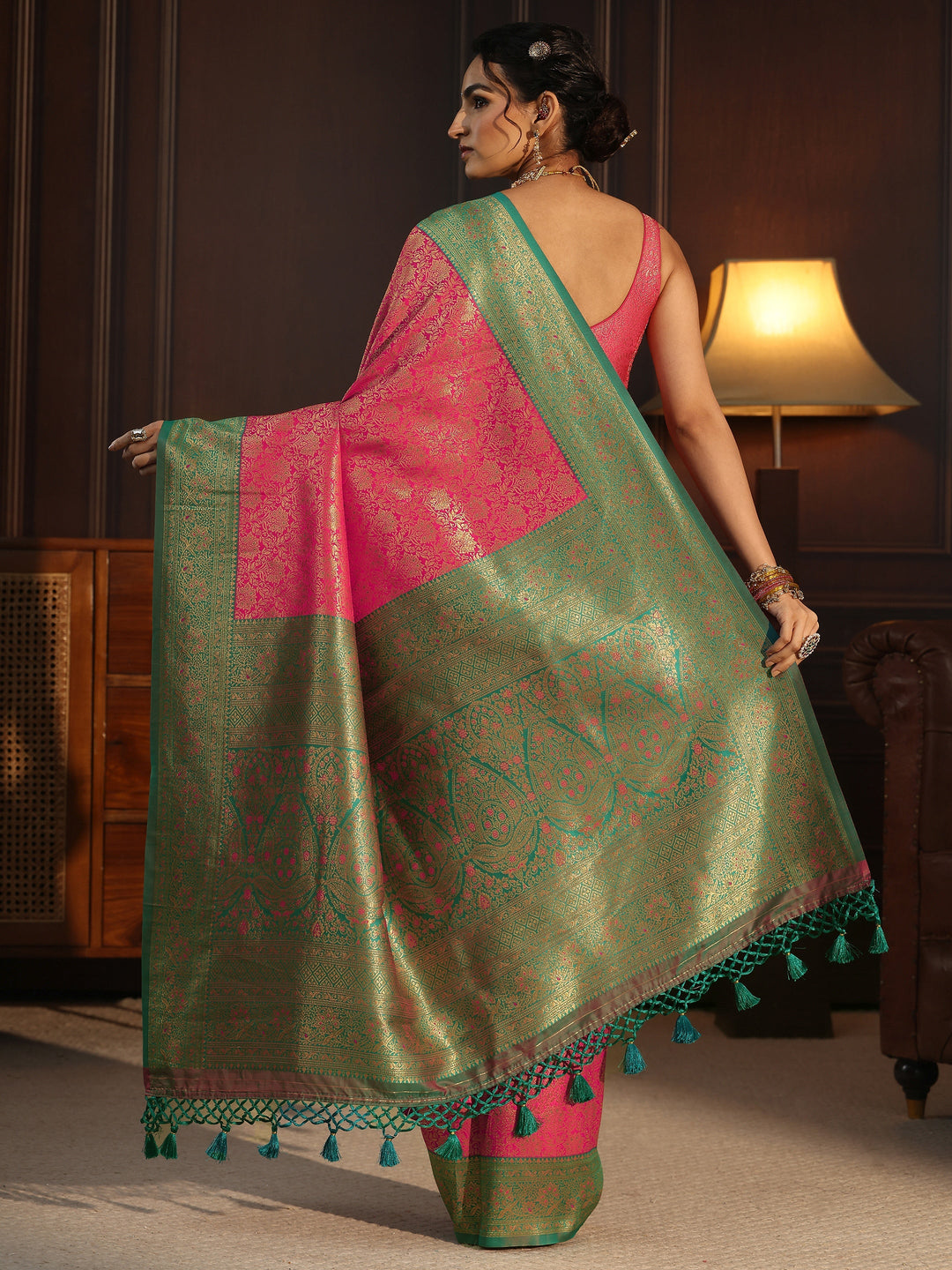 Libas Pink and Green Kanjeevaram Silk Blend Tassel Saree
