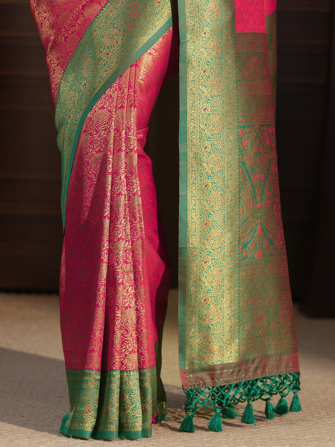 Libas Pink and Green Kanjeevaram Silk Blend Tassel Saree