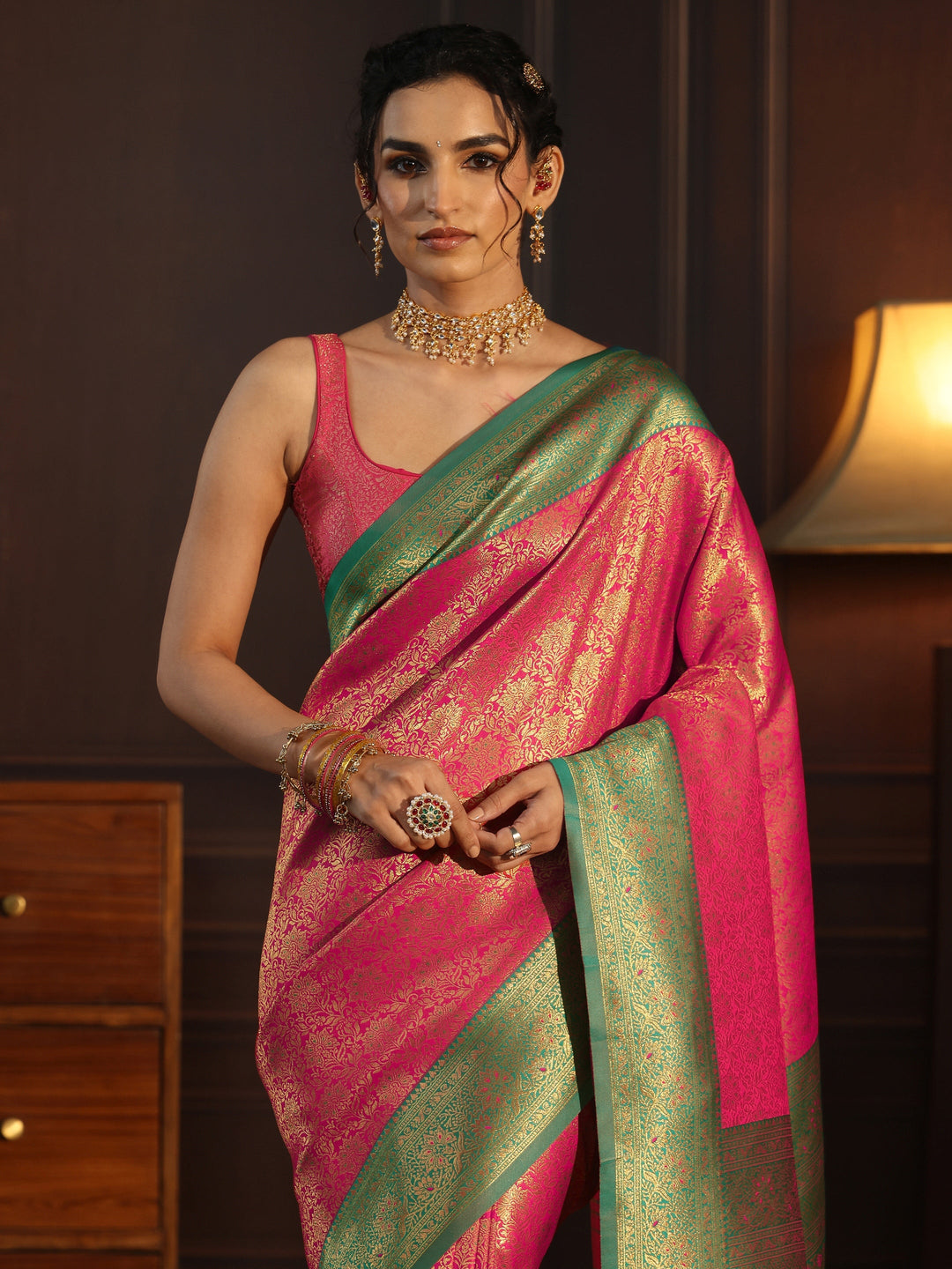 Libas Pink and Green Kanjeevaram Silk Blend Tassel Saree