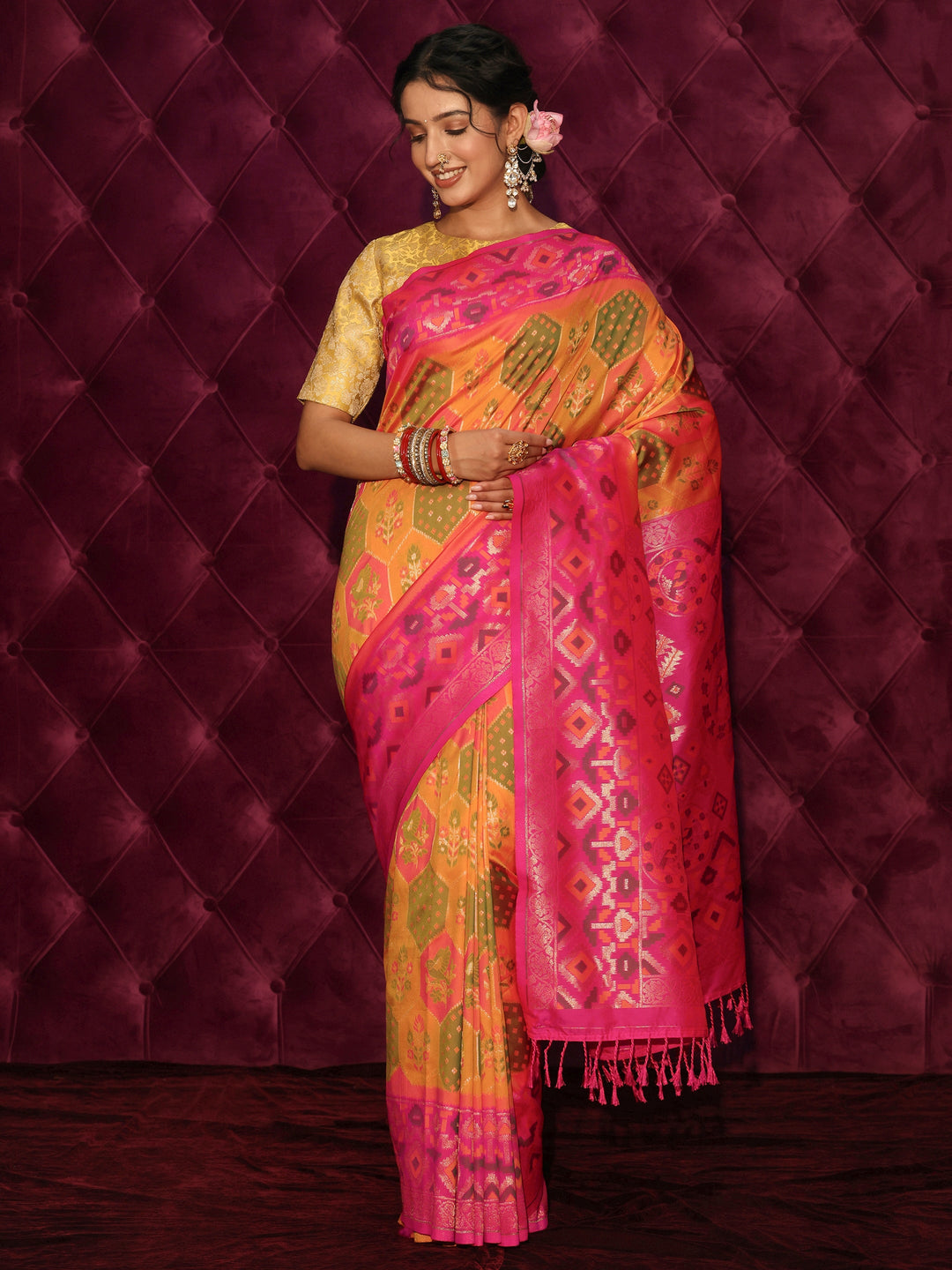 Libas Multicolour Ethnic Woven Design Silk Blend Tassel Saree