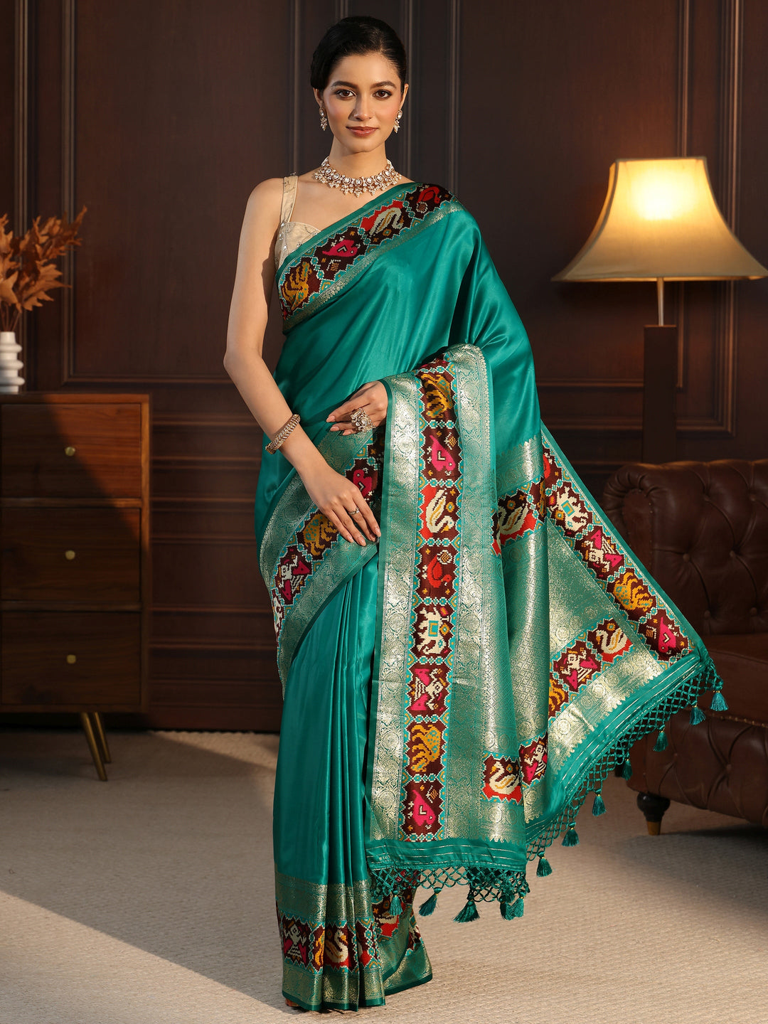 Libas Sea Green Woven Design Satin Saree with Patola Border