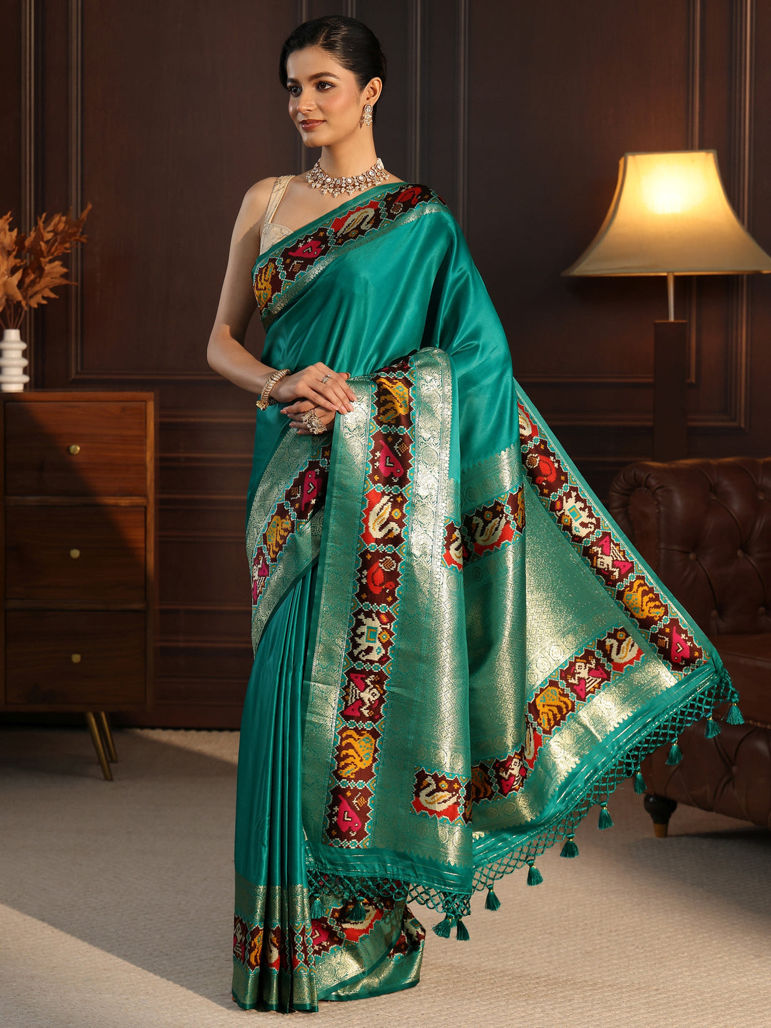 Libas Sea Green Woven Design Satin Saree with Patola Border