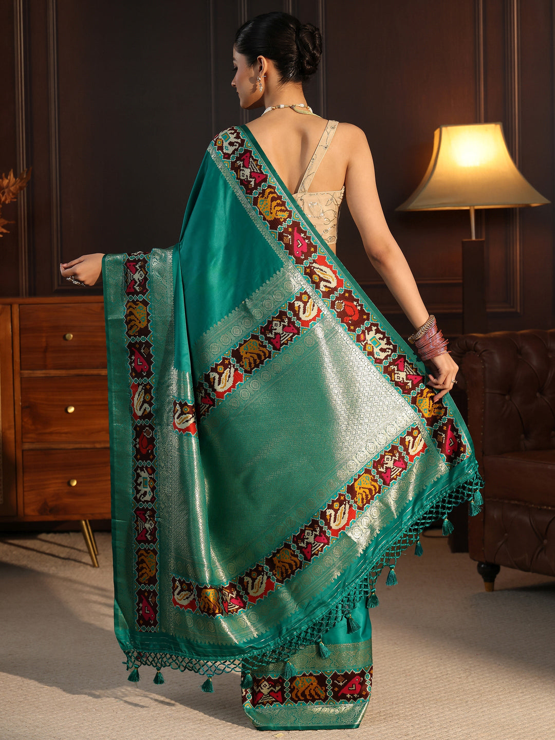 Libas Sea Green Woven Design Satin Saree with Patola Border