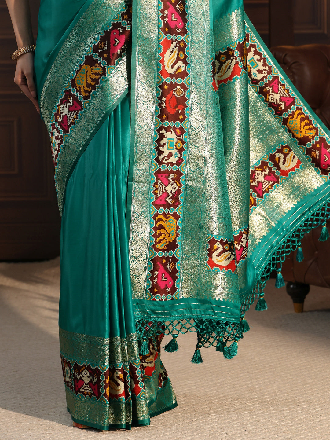 Libas Sea Green Woven Design Satin Saree with Patola Border