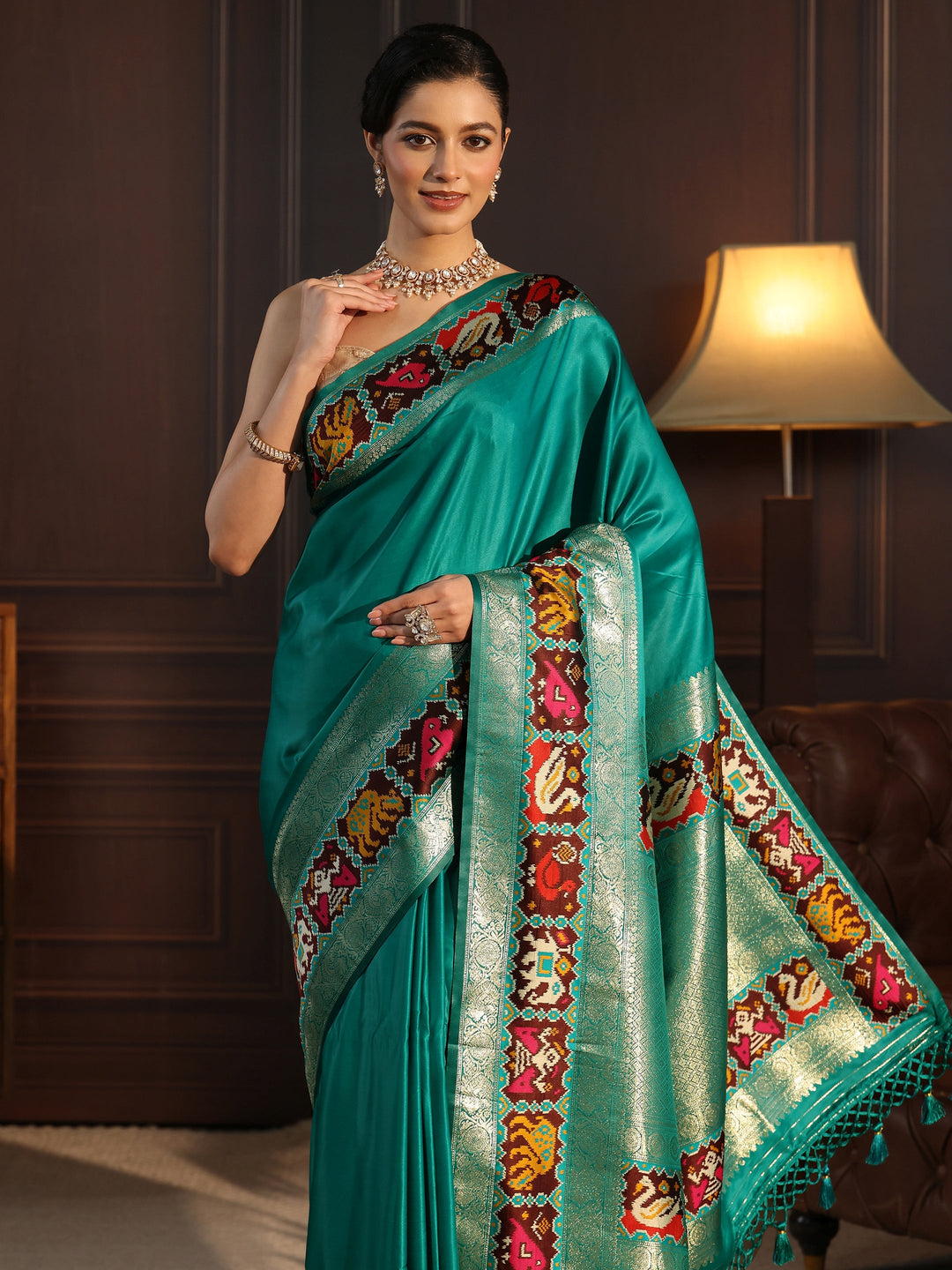Libas Sea Green Woven Design Satin Saree with Patola Border