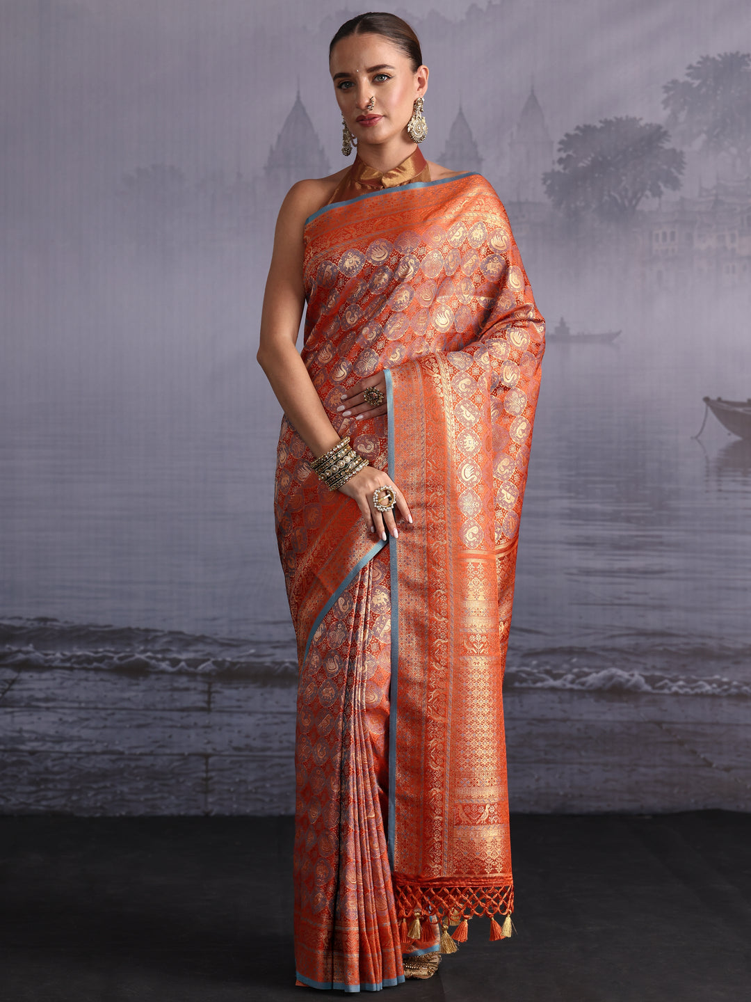 Libas Art Rust Orange Woven Design Silk Blend Saree