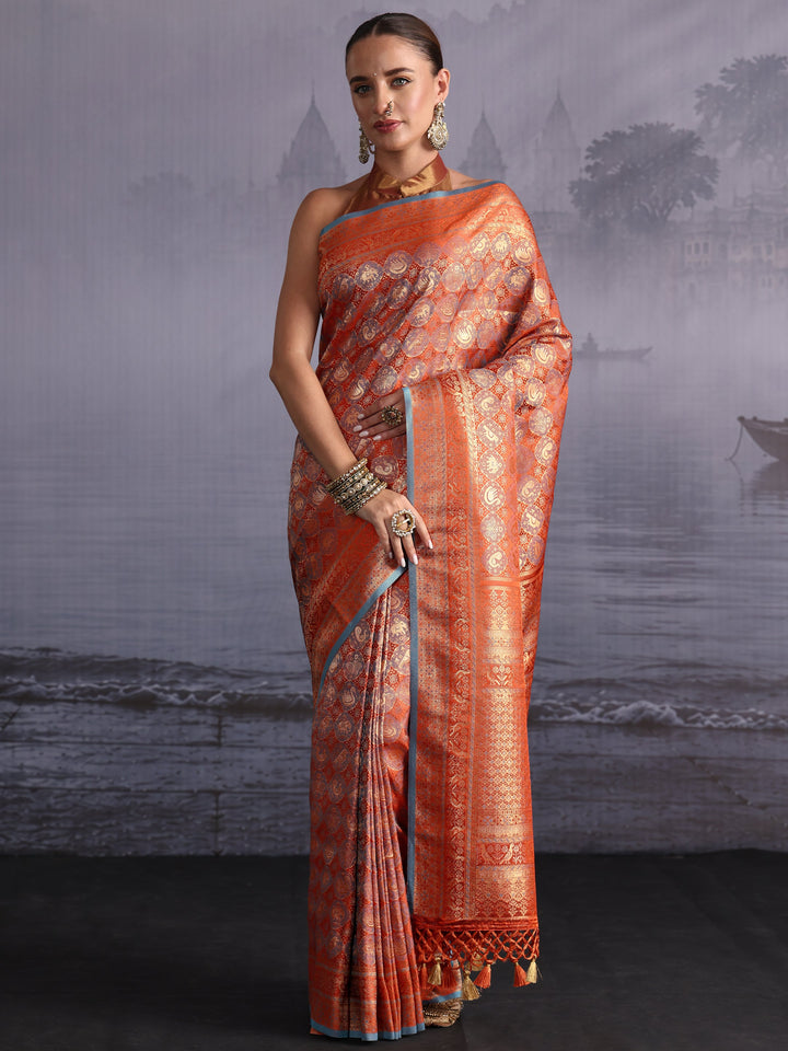 Libas Art Rust Orange Woven Design Silk Blend Saree