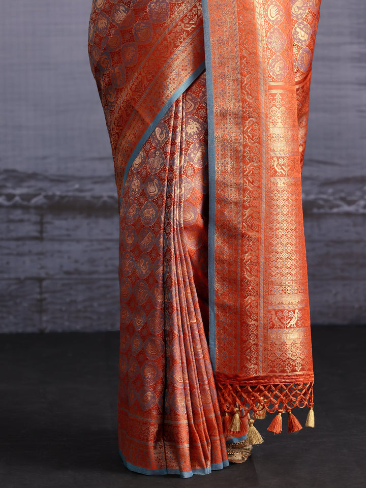 Libas Art Rust Orange Woven Design Silk Blend Saree