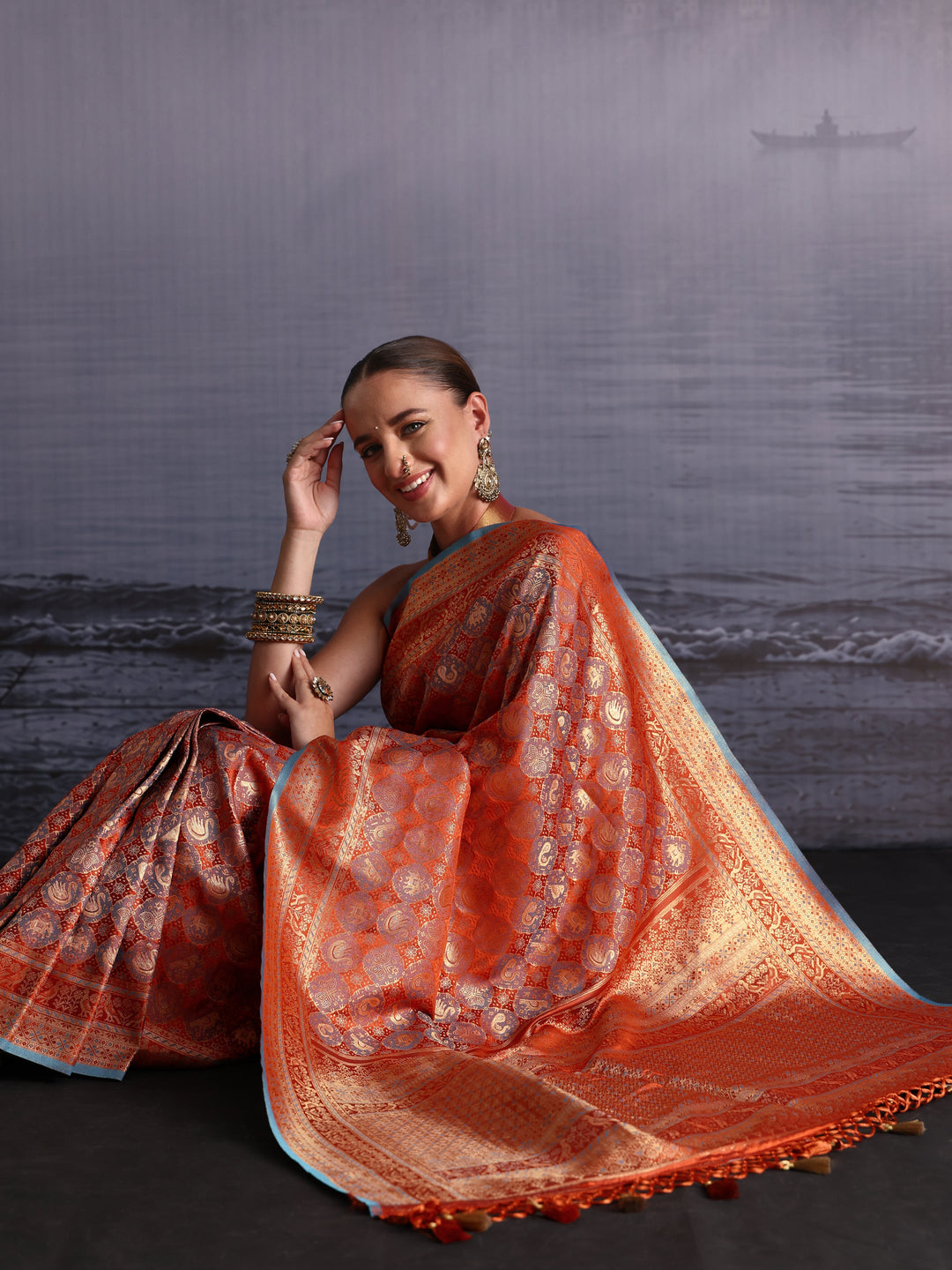 Libas Art Rust Orange Woven Design Silk Blend Saree