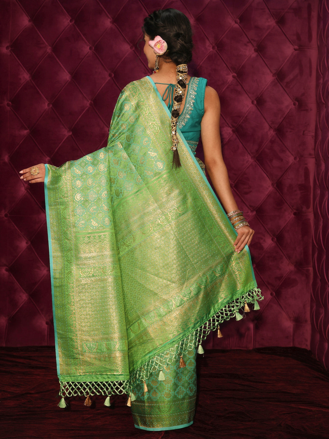 Libas Art Green Patola Style Woven Design Silk Blend Tassel Saree
