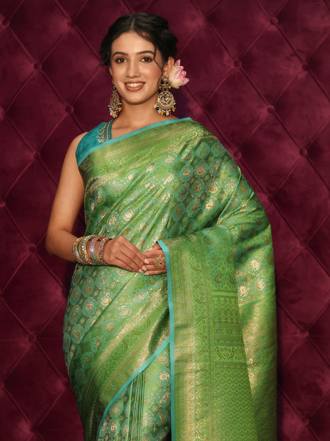 Libas Art Green Patola Style Woven Design Silk Blend Tassel Saree