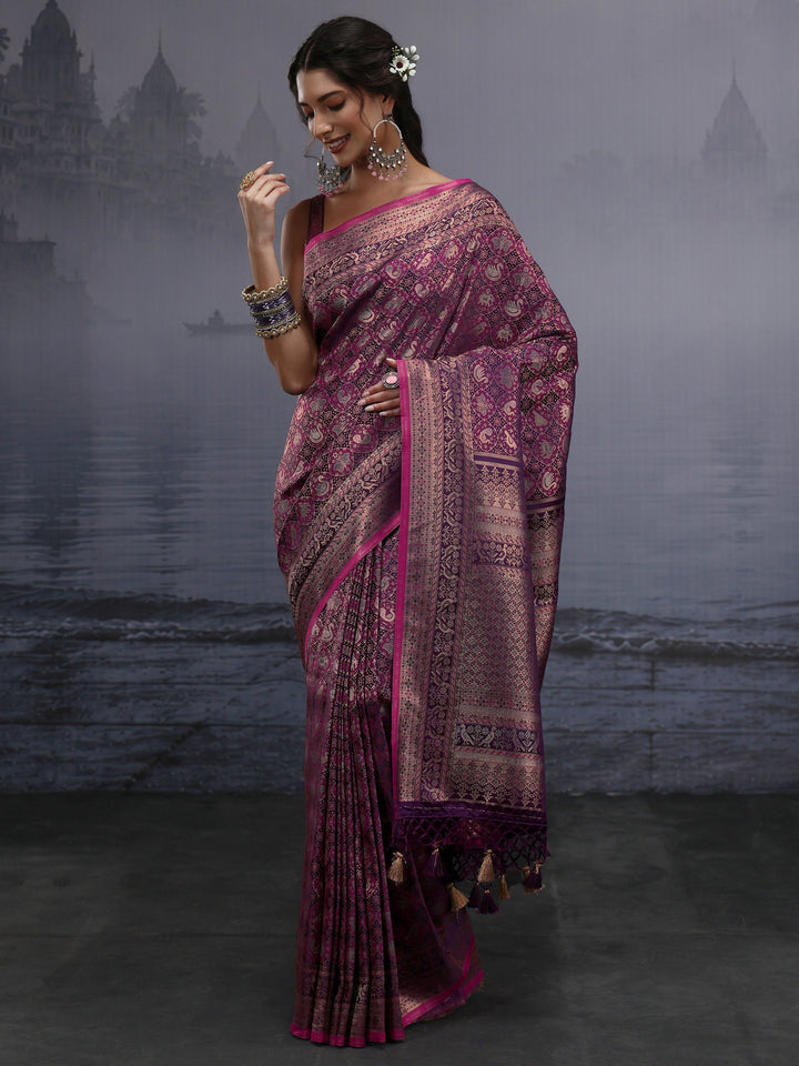 Libas Art Purple Patola Style Woven Design Silk Blend Tassel Saree