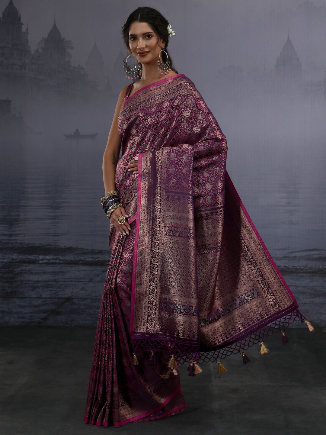 Libas Art Purple Patola Style Woven Design Silk Blend Tassel Saree