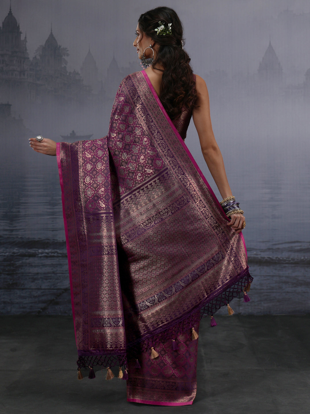 Libas Art Purple Patola Style Woven Design Silk Blend Tassel Saree