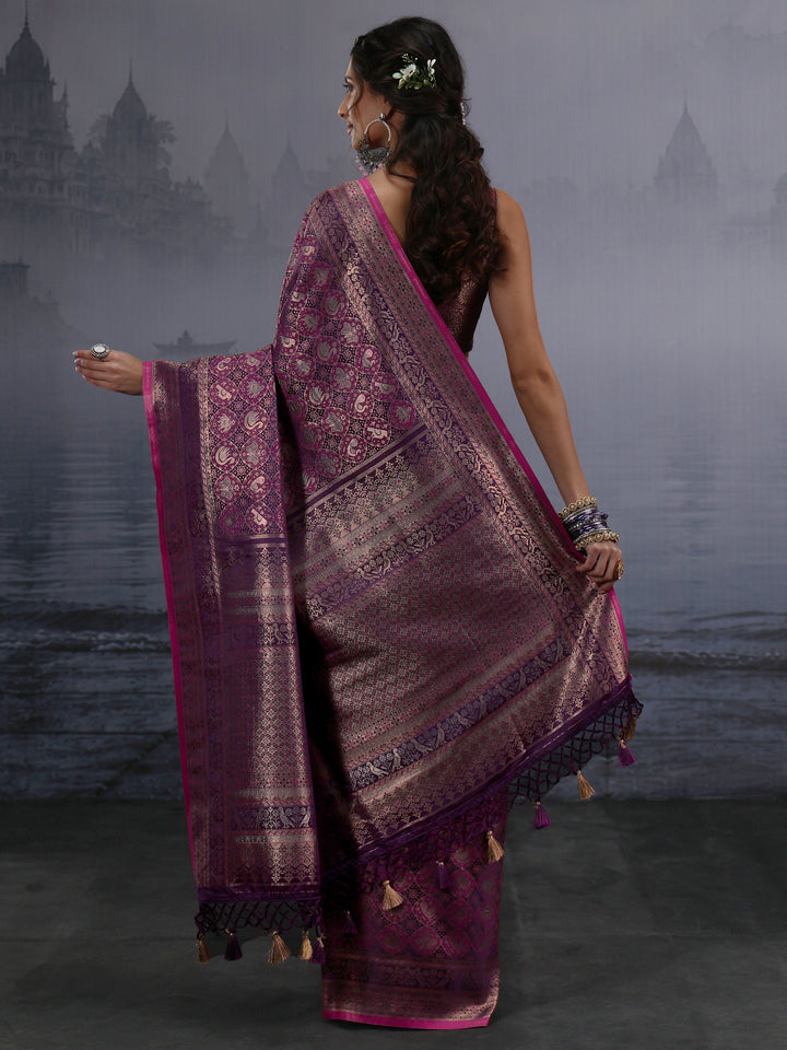 Libas Art Purple Patola Style Woven Design Silk Blend Tassel Saree