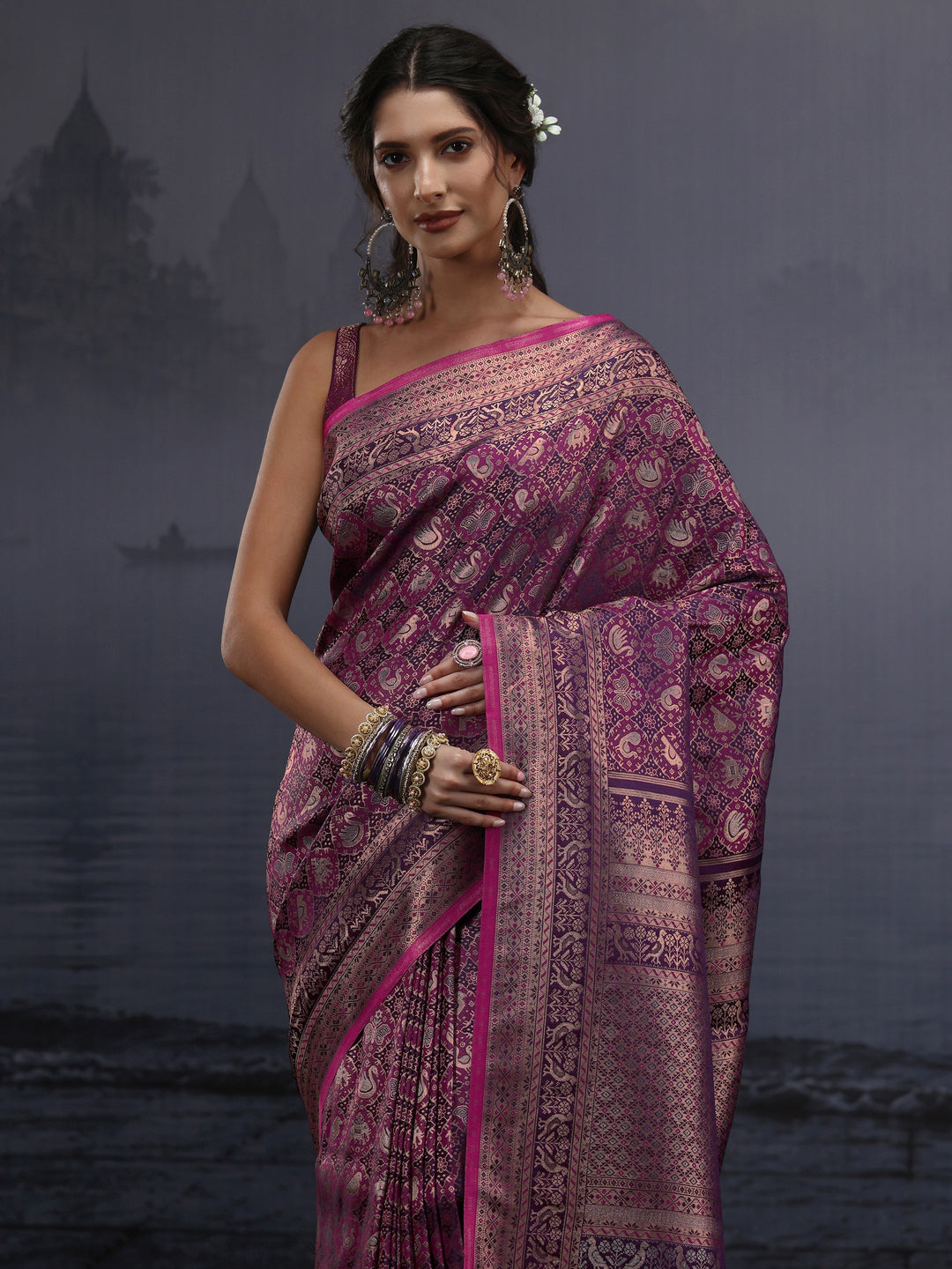 Libas Art Purple Patola Style Woven Design Silk Blend Tassel Saree