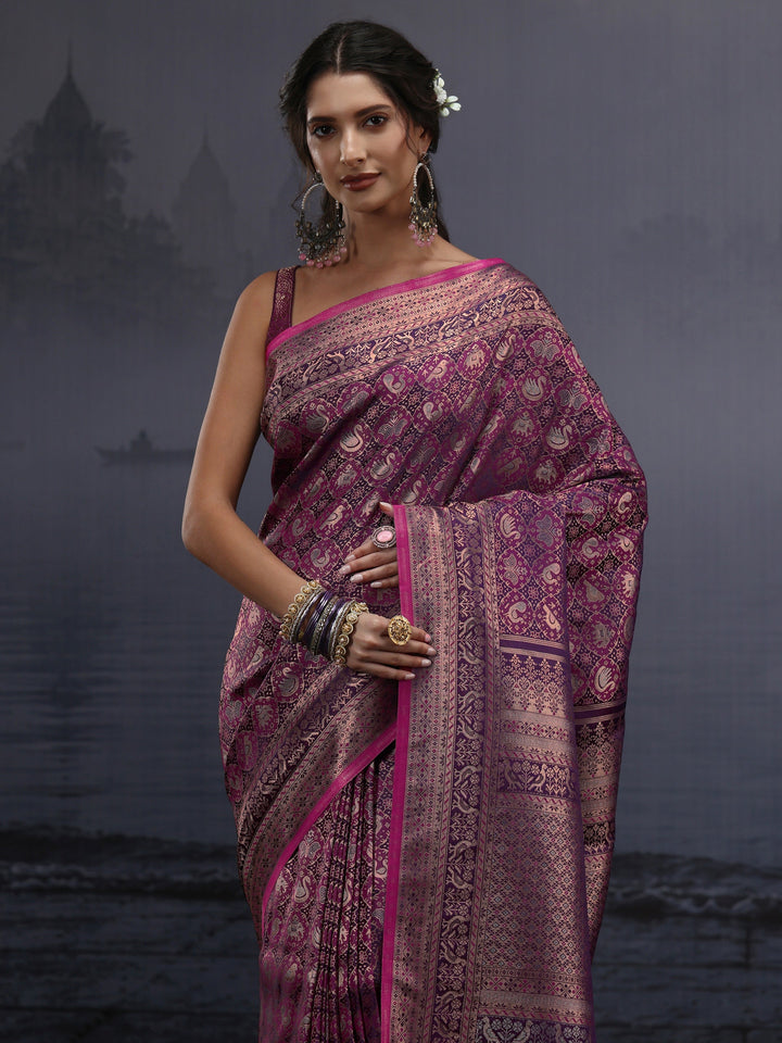Libas Art Purple Patola Style Woven Design Silk Blend Tassel Saree