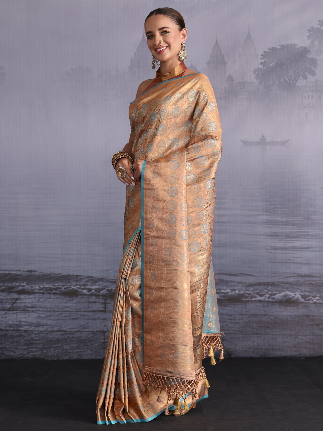 Libas Art Beige Woven Design Silk Blend Saree