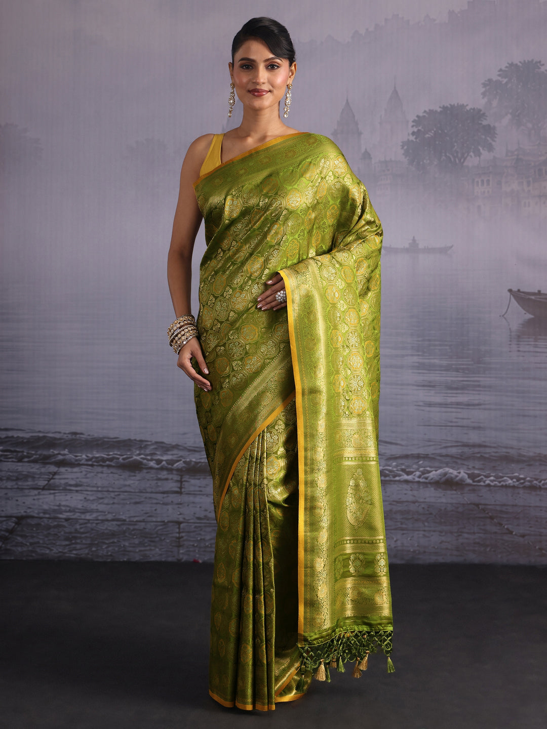 Libas Art Lemon Green Woven Design Silk Blend Saree