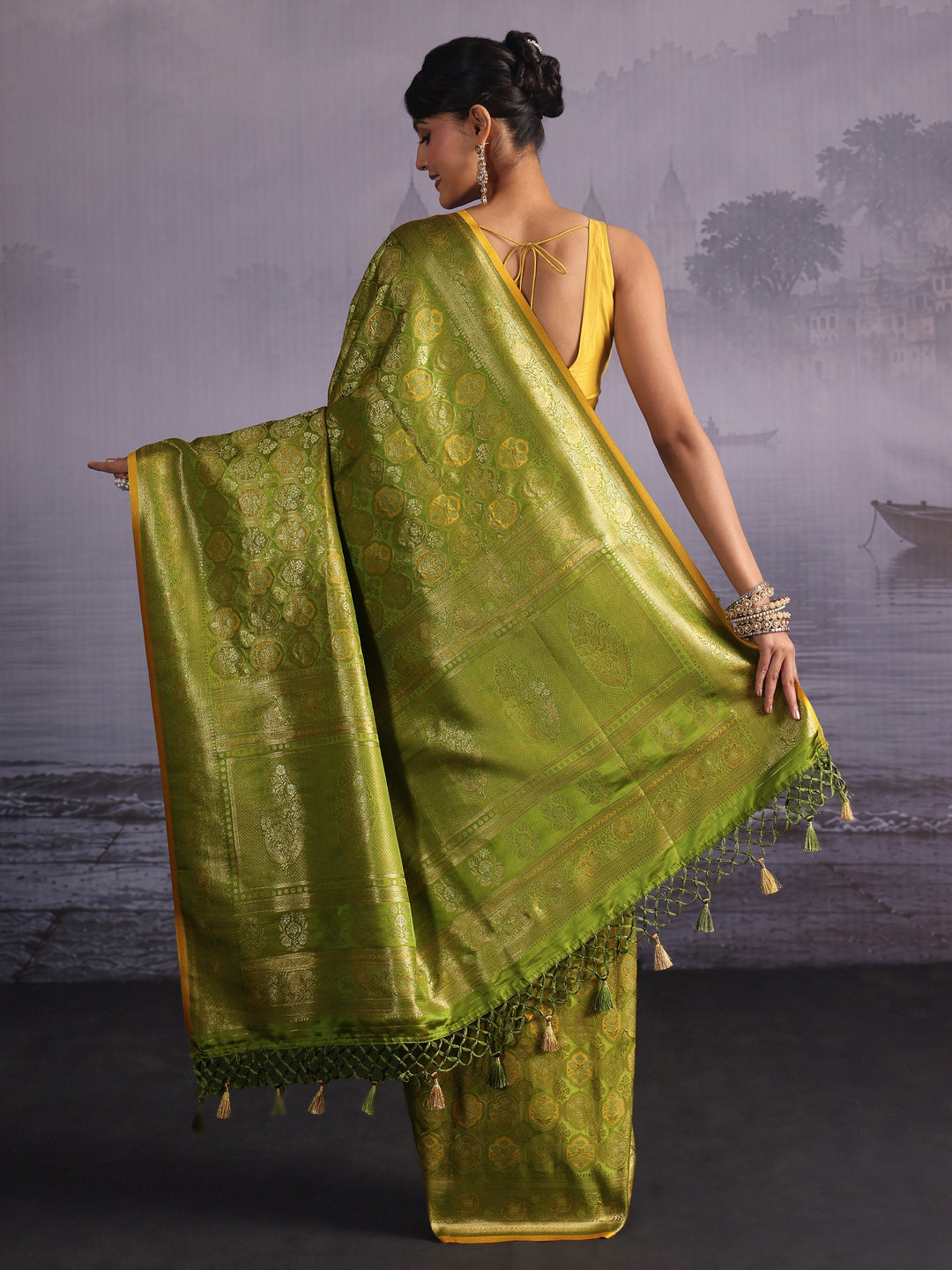 Libas Art Lemon Green Woven Design Silk Blend Saree