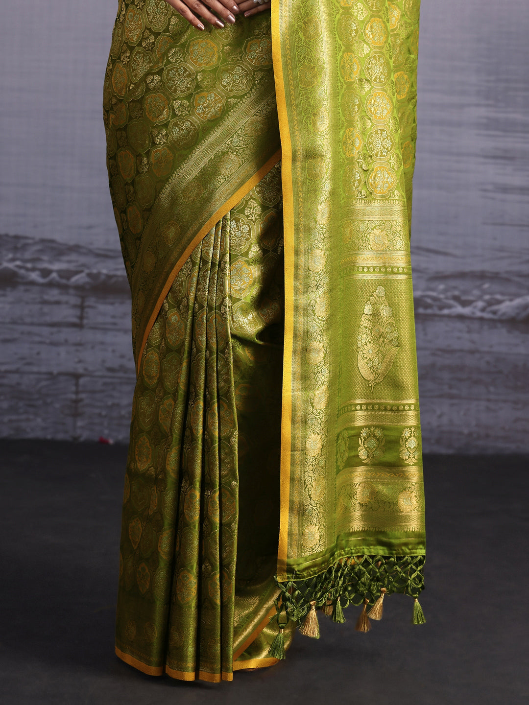 Libas Art Lemon Green Woven Design Silk Blend Saree
