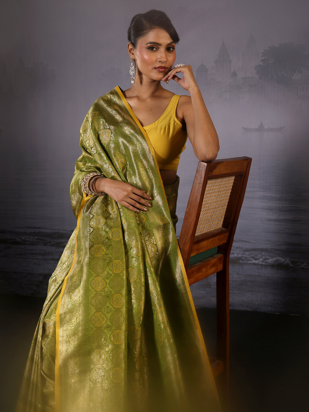 Libas Art Lemon Green Woven Design Silk Blend Saree