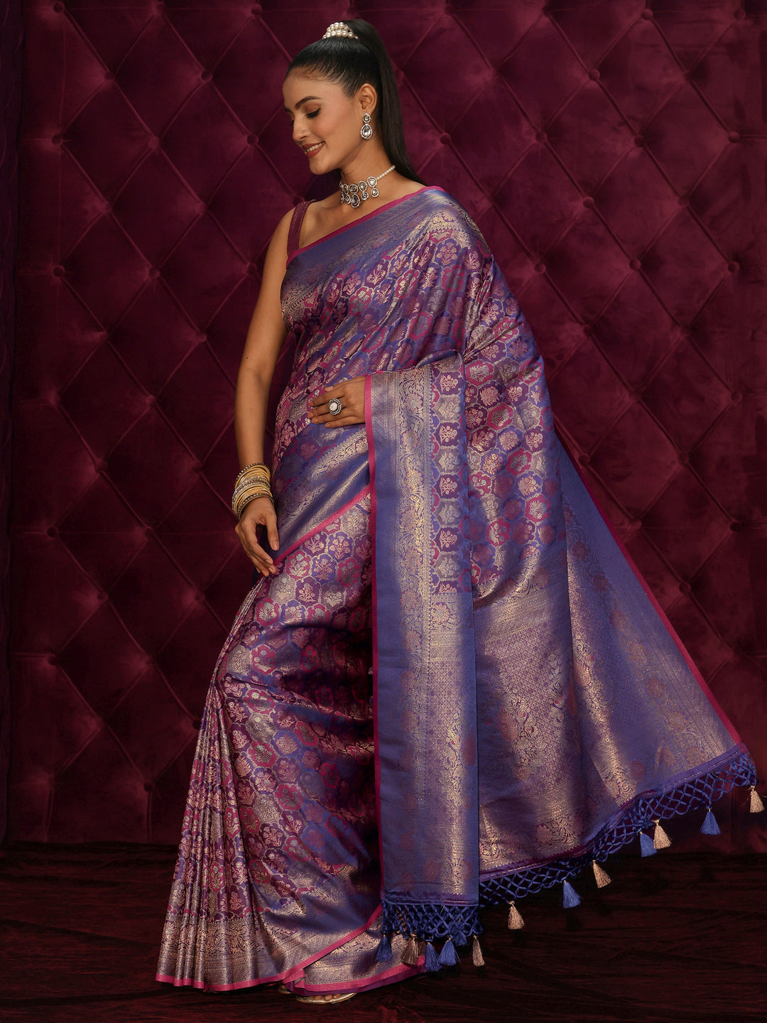 Libas Art Purple Ethnic Woven Design Silk Blend Tassel Saree