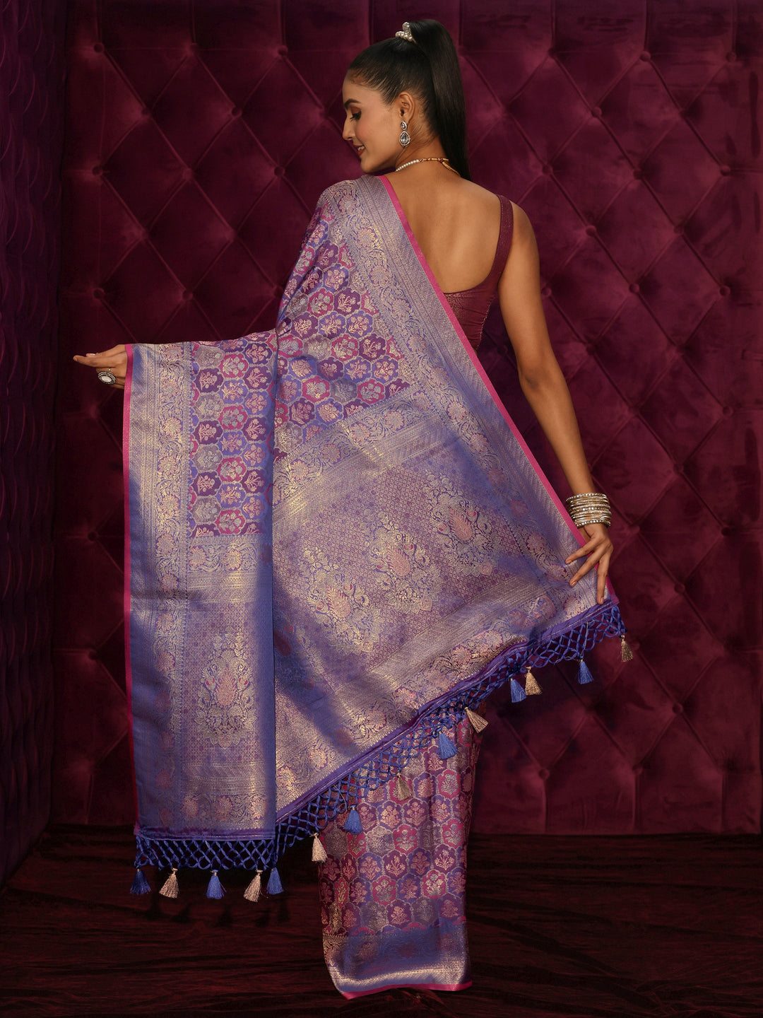 Libas Art Purple Ethnic Woven Design Silk Blend Tassel Saree