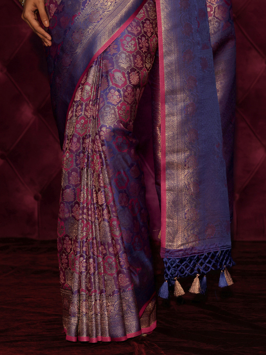 Libas Art Purple Ethnic Woven Design Silk Blend Tassel Saree