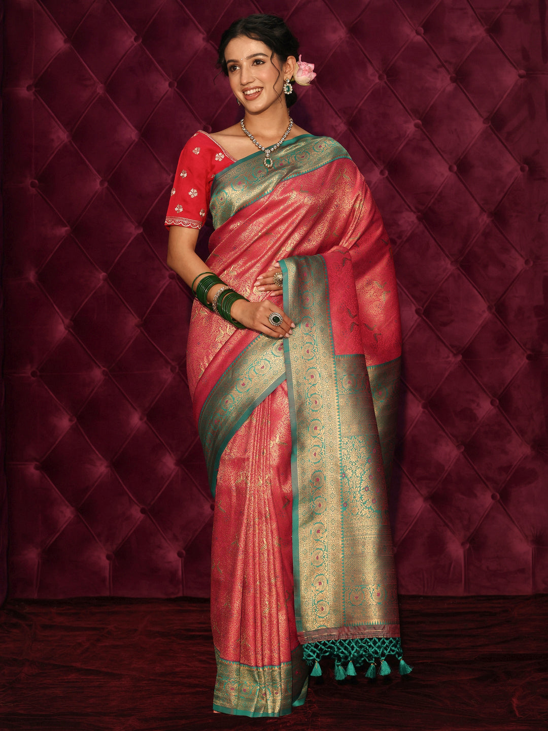 Libas Pink and Green Banarasi Silk Blend Tassel Saree