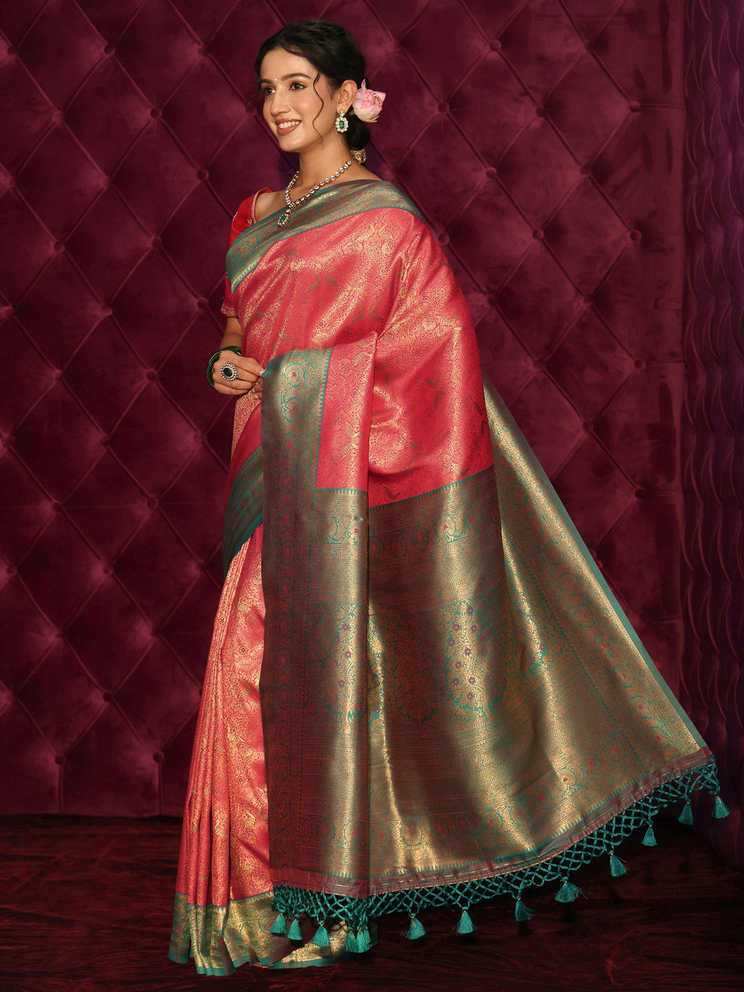 Libas Pink and Green Banarasi Silk Blend Tassel Saree