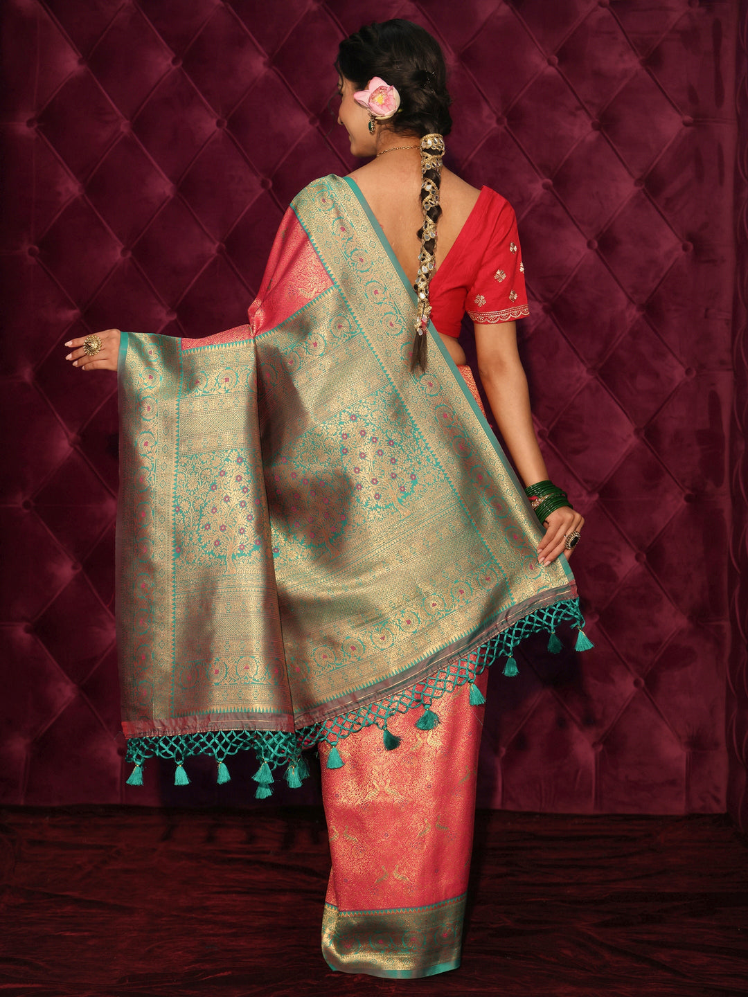 Libas Pink and Green Banarasi Silk Blend Tassel Saree