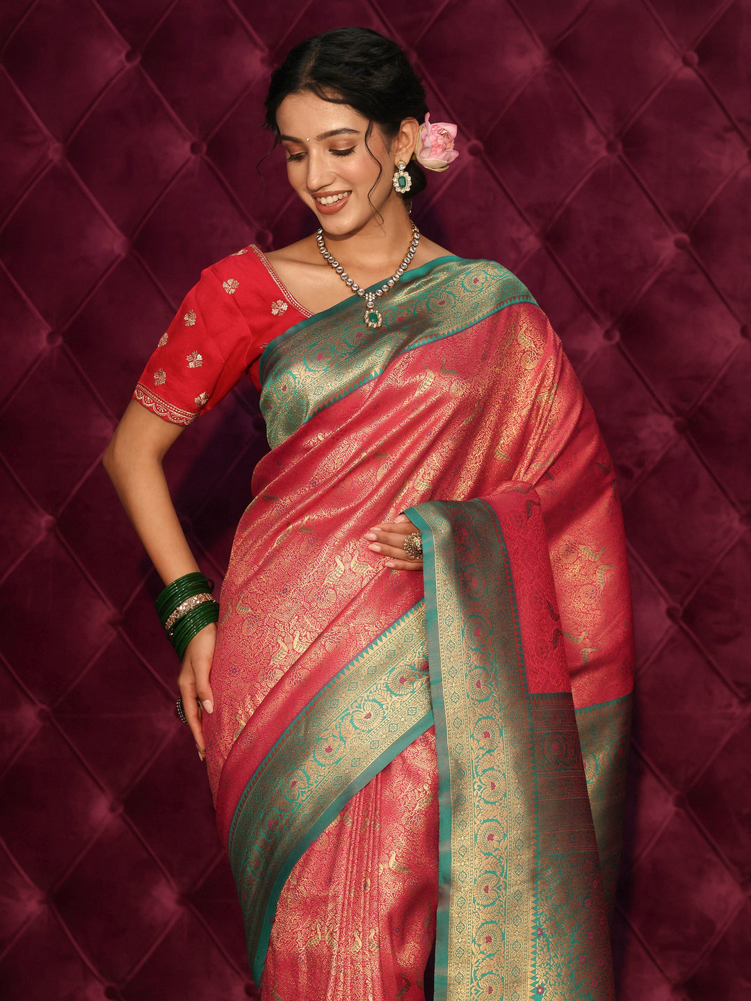 Libas Pink and Green Banarasi Silk Blend Tassel Saree