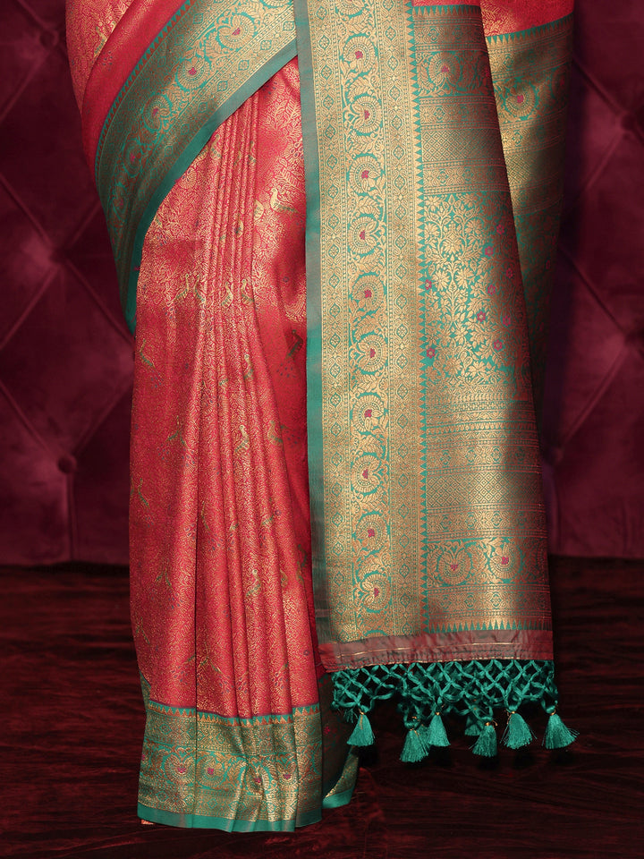 Libas Pink and Green Banarasi Silk Blend Tassel Saree