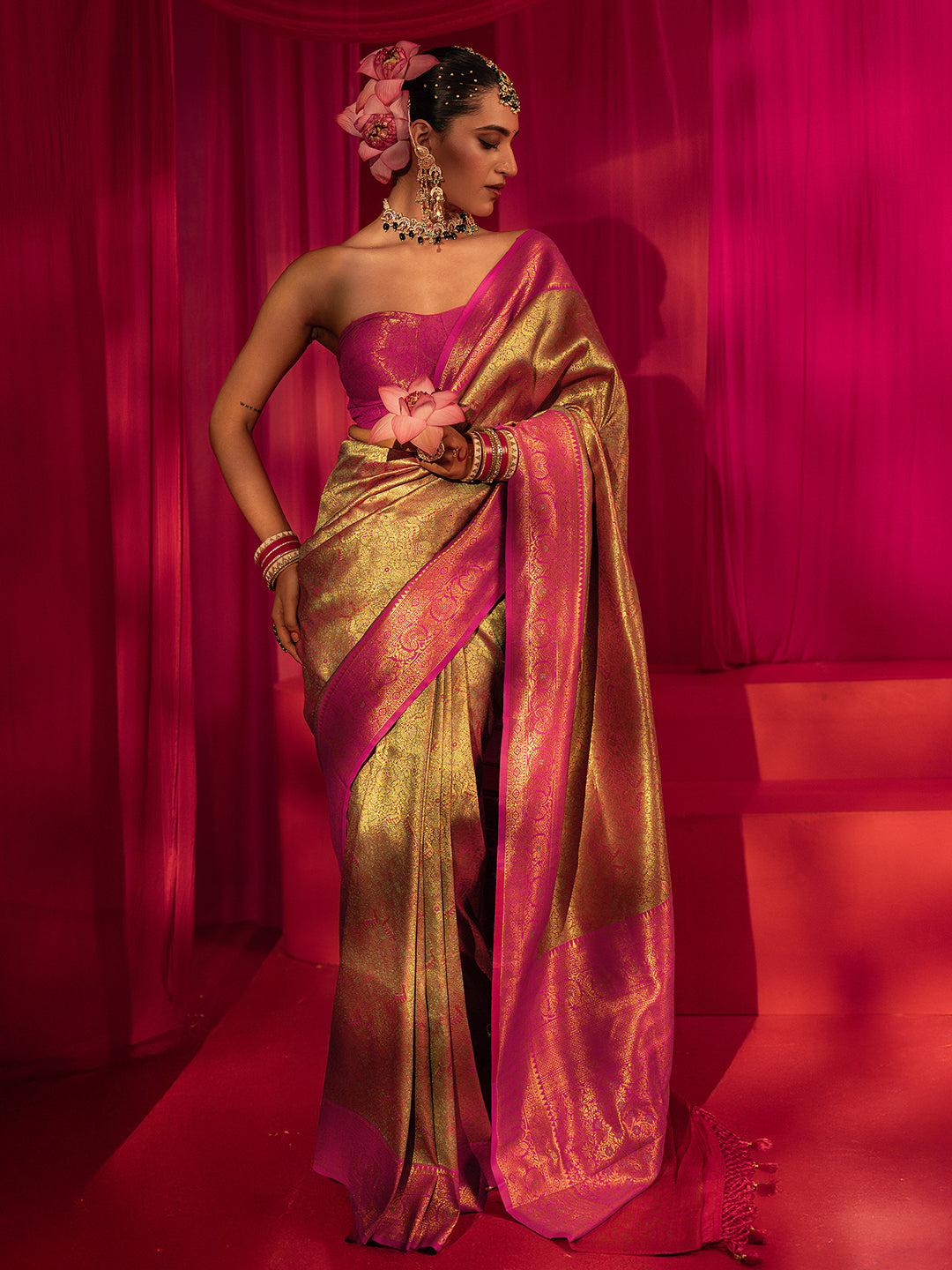 Libas Light Green and Pink Banarasi Silk Blend Saree