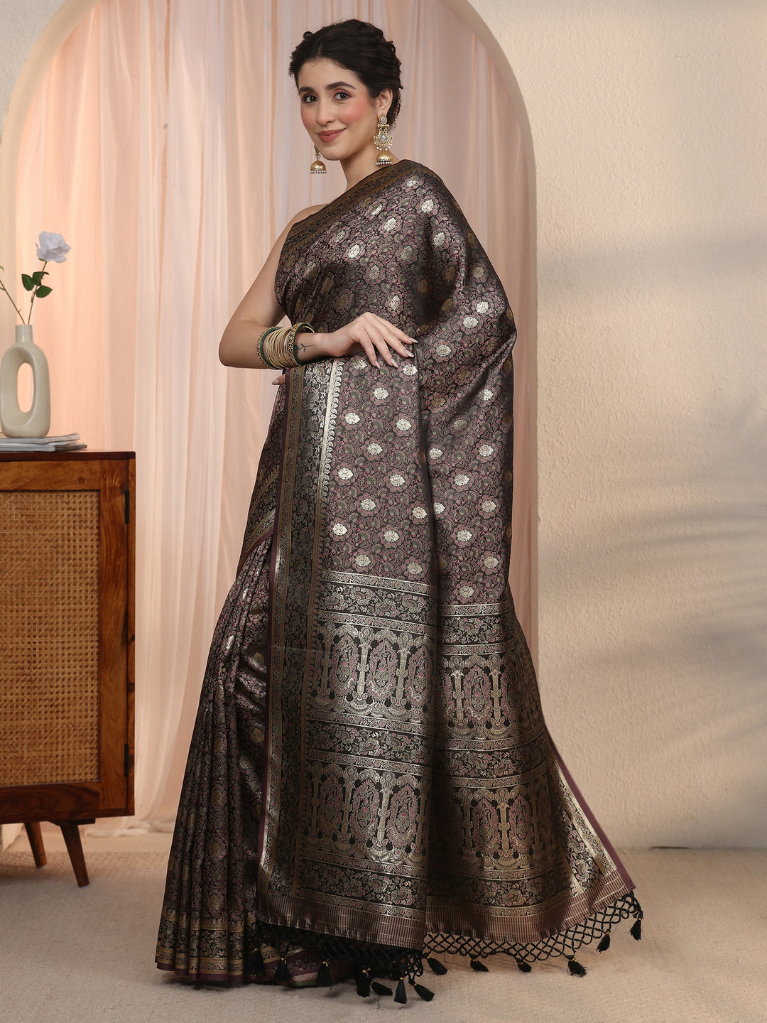 Libas Black Mughal Floral Woven Design Silk Blend Saree