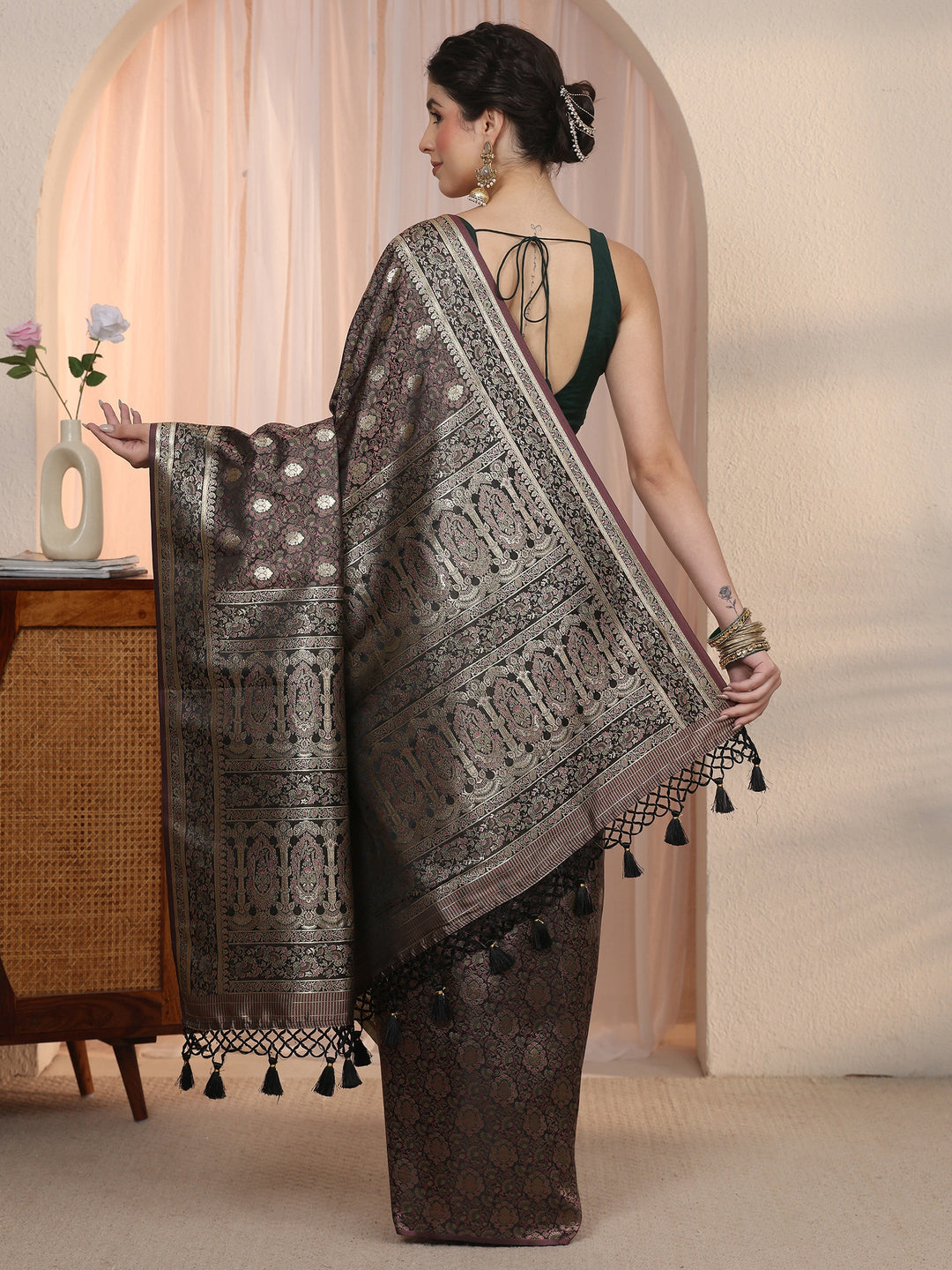 Libas Black Mughal Floral Woven Design Silk Blend Saree