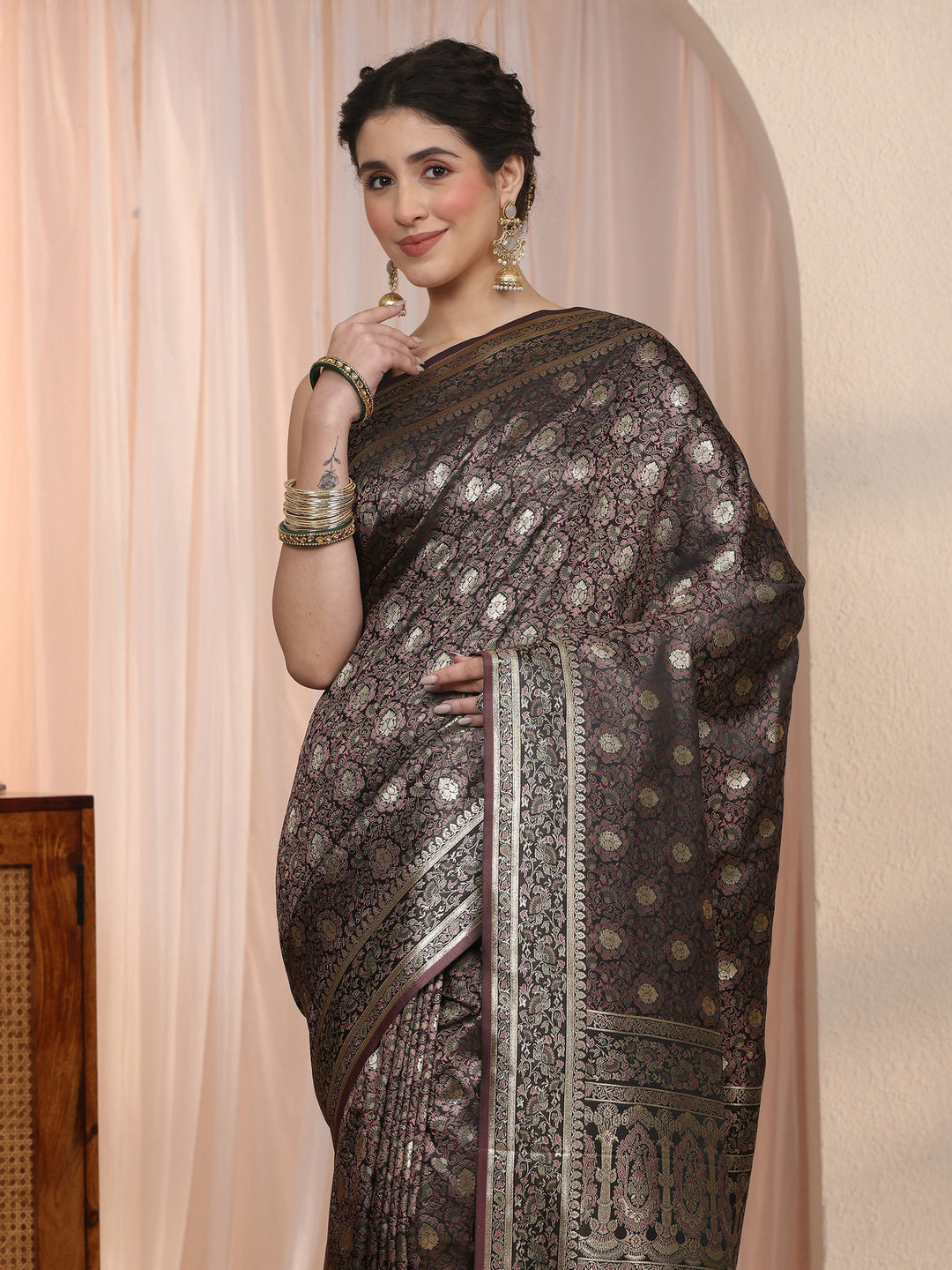 Libas Black Mughal Floral Woven Design Silk Blend Saree