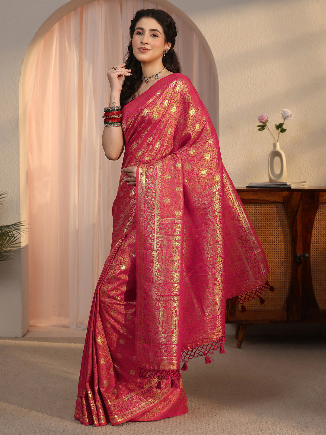 Libas Red Mughal Floral Woven Design Silk Blend Saree