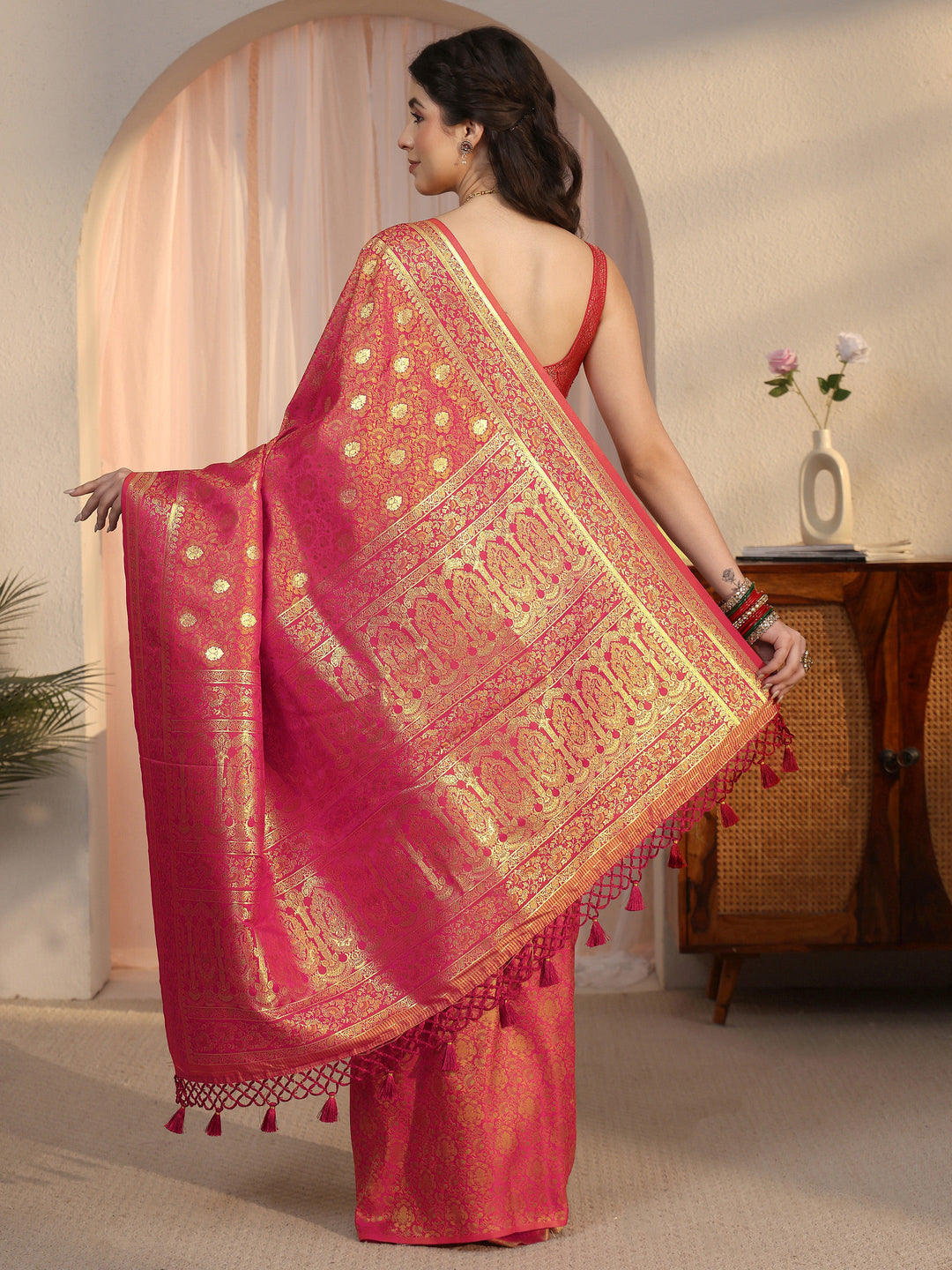 Libas Red Mughal Floral Woven Design Silk Blend Saree
